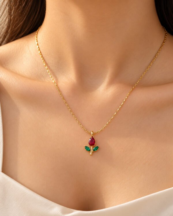 Anti-Tarnish 18K Gold-Plated Stainless Steel Red and Green Tulip Necklace