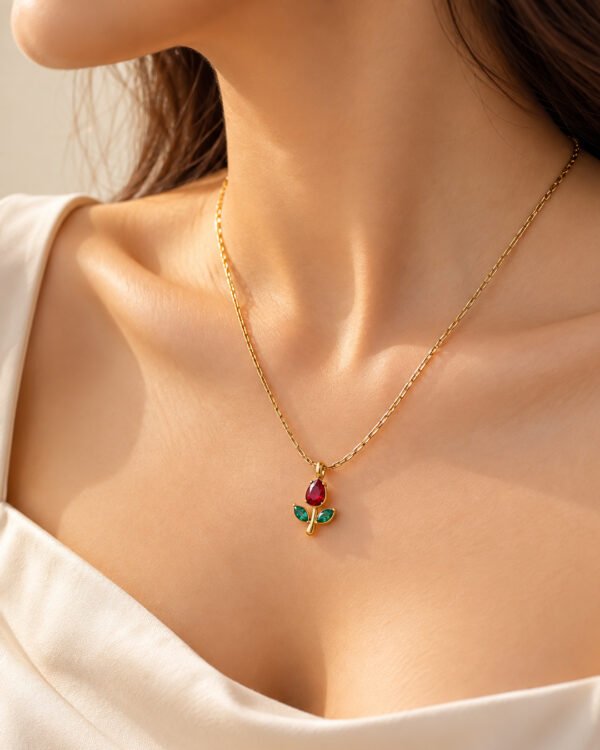 Anti-Tarnish 18K Gold-Plated Stainless Steel Red and Green Tulip Necklace