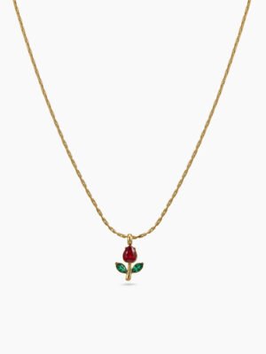 Anti-Tarnish 18K Gold-Plated Stainless Steel Red and Green Tulip Necklace