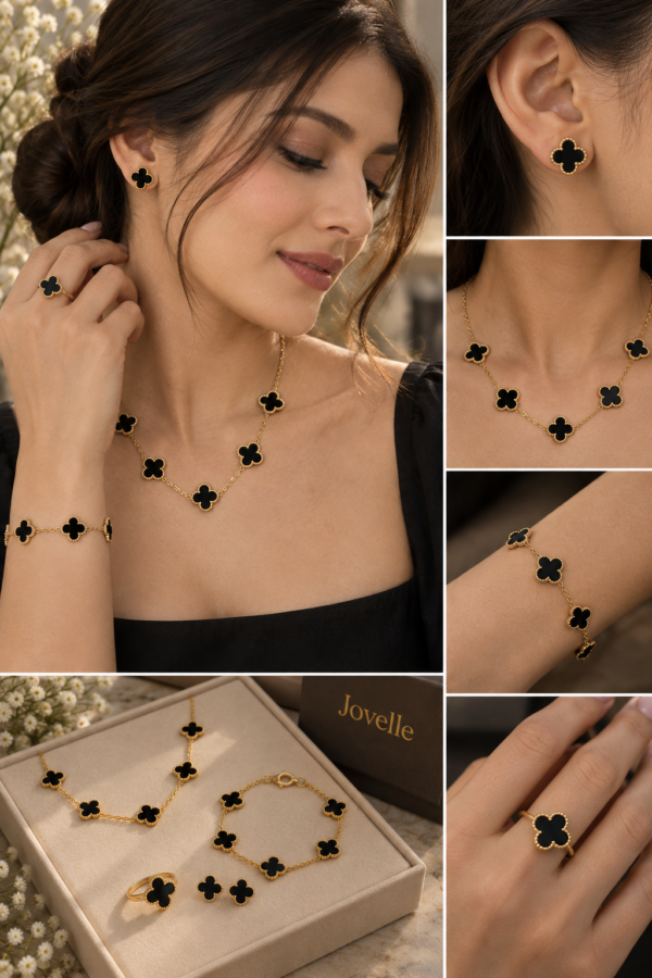 Anti-Tarnish 18K Gold-Plated Stainless Steel Black Clover Jewelry Combo Set