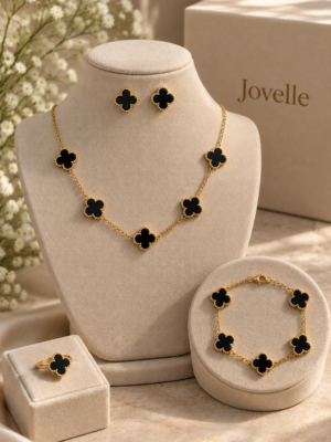 Anti-Tarnish 18K Gold-Plated Stainless Steel Black Clover Jewelry Combo Set