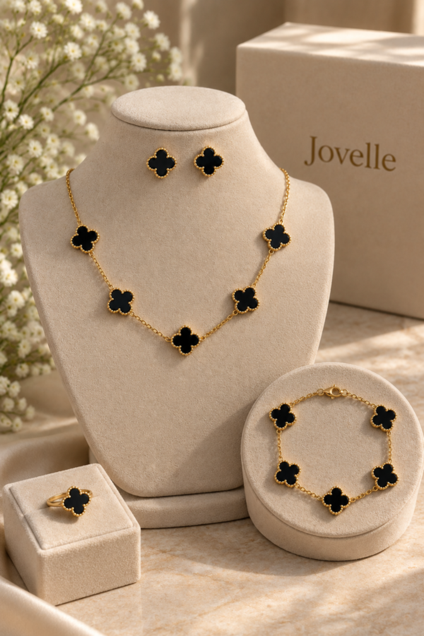 Anti-Tarnish 18K Gold-Plated Stainless Steel Black Clover Jewelry Combo Set