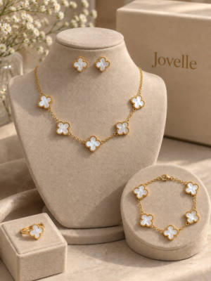 Anti-Tarnish 18K Gold-Plated Stainless Steel White Clover Jewelry Combo Set