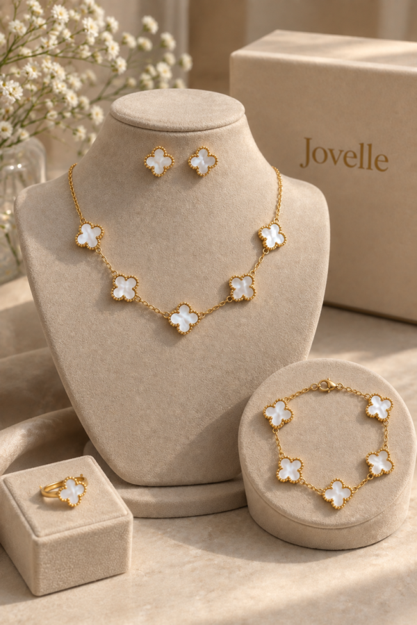 Anti-Tarnish 18K Gold-Plated Stainless Steel White Clover Jewelry Combo Set