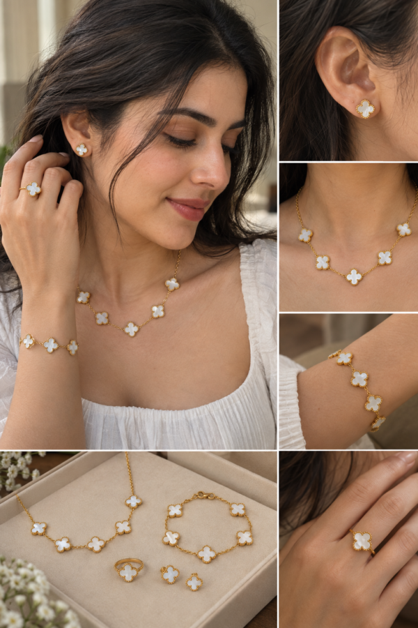 Anti-Tarnish 18K Gold-Plated Stainless Steel White Clover Jewelry Combo Set